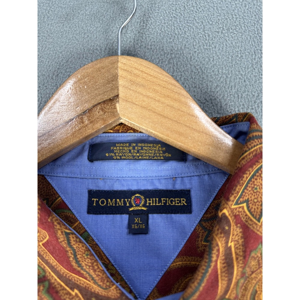Tommy Hilfiger Shirt XL Red Colorful Floral Abstract Wool Rayon Crest Logo Rave - Picture 7 of 7